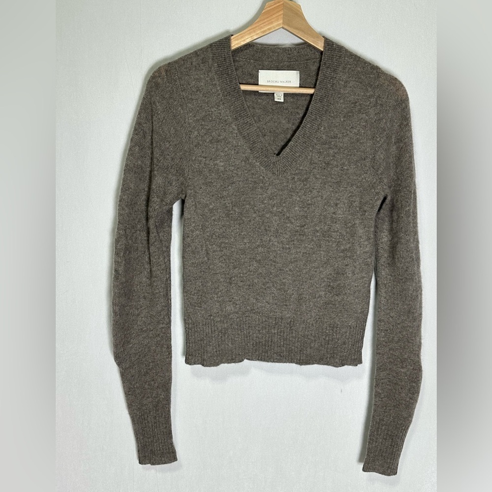 Brochu Walker 100% Cashmere V-Neck Sweater Brown LUX3427 Womens XS